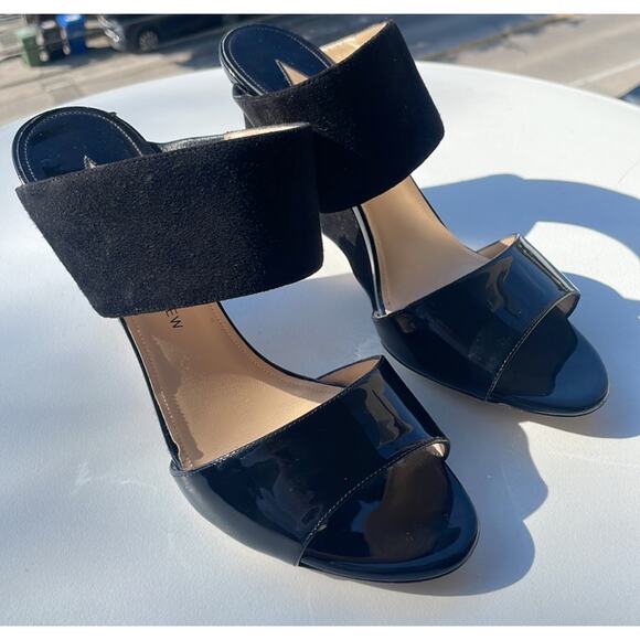 Paul Andrew Black Open Toe Patent Velvet Wedge Sandals - Picture 5 of 14